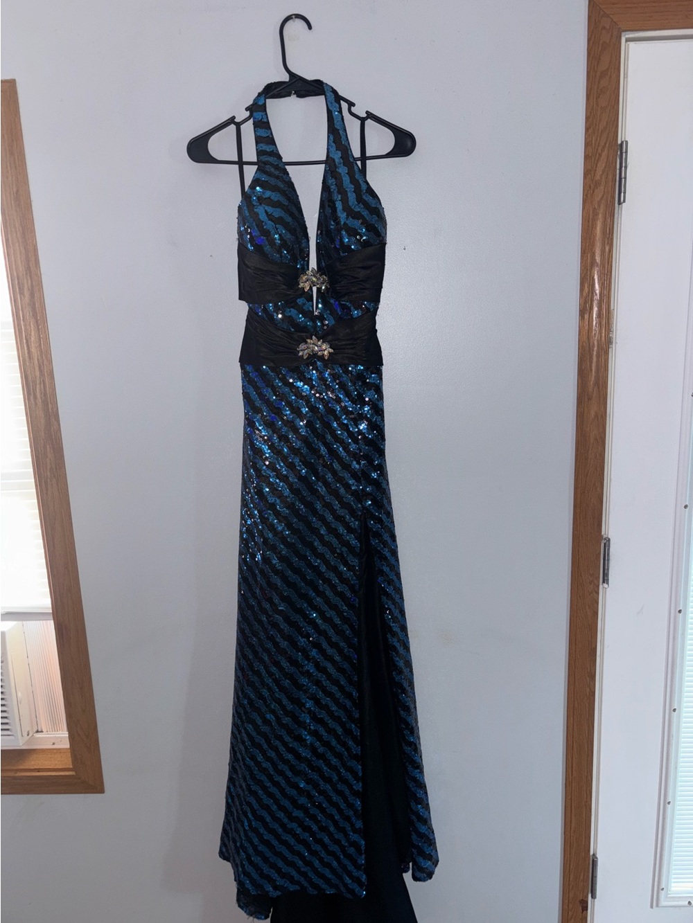Black and Teal Sequin Halter Evening Gown